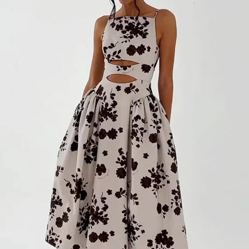 Floral Print Square Neck Cut Out A-Line Midi Dress - View 3