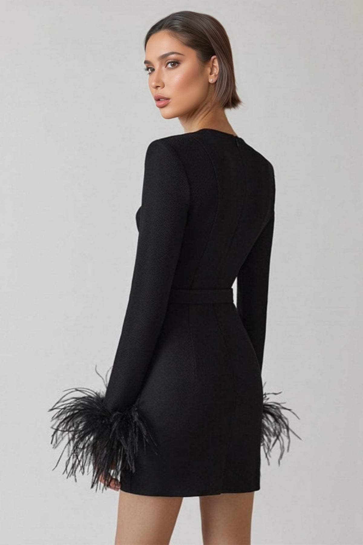 Delphinia Sexy Long Sleeve Feathers Mini Dress - View 3