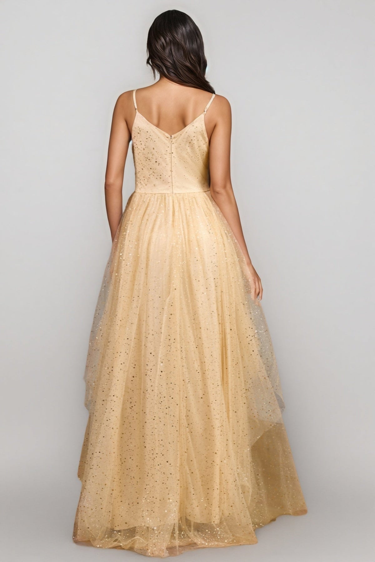 Glitter Tulle V-Neck Spaghetti Strap Ruched A-Line Maxi Gown - View 5