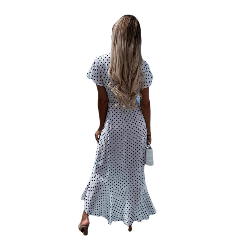 Polka Dot Wrap Deep V-Neck Short Sleeve Ruffle High Low Maxi Dress - View 5