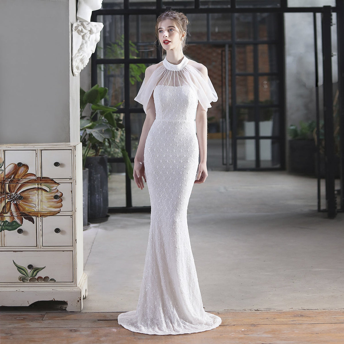 Sequin Halter Neck Sheer Cape Mermaid Gown - View 5