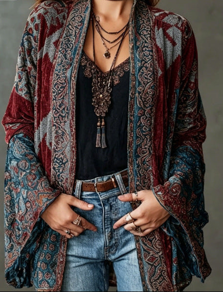 Paisley Velvet Boho Open Front Kimono Cardigan 8
