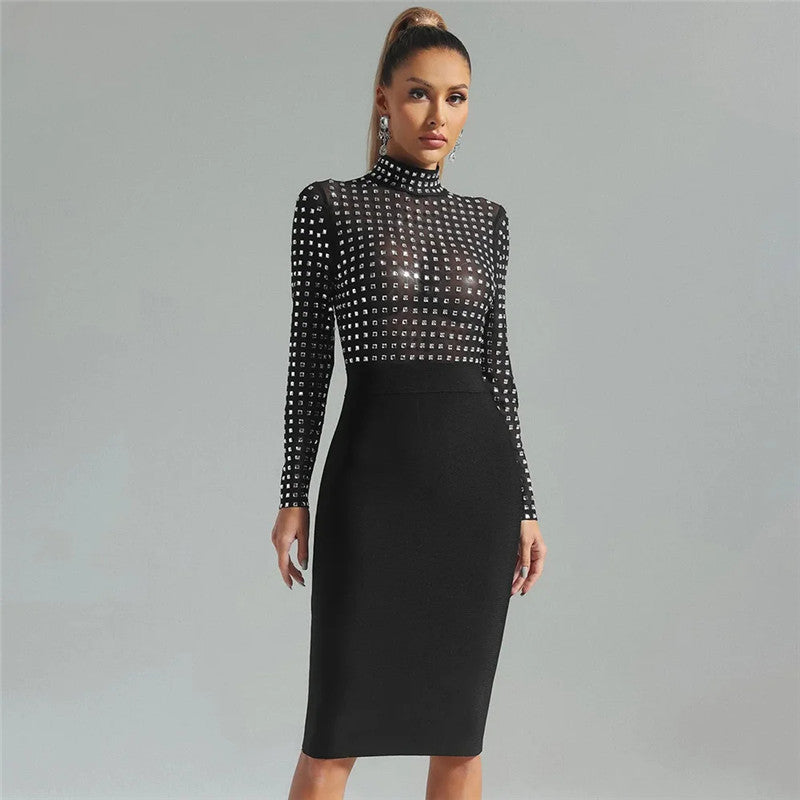 Rhinestone Mesh Mock Neck Long Sleeve Bandage Pencil Midi Dress - View 6