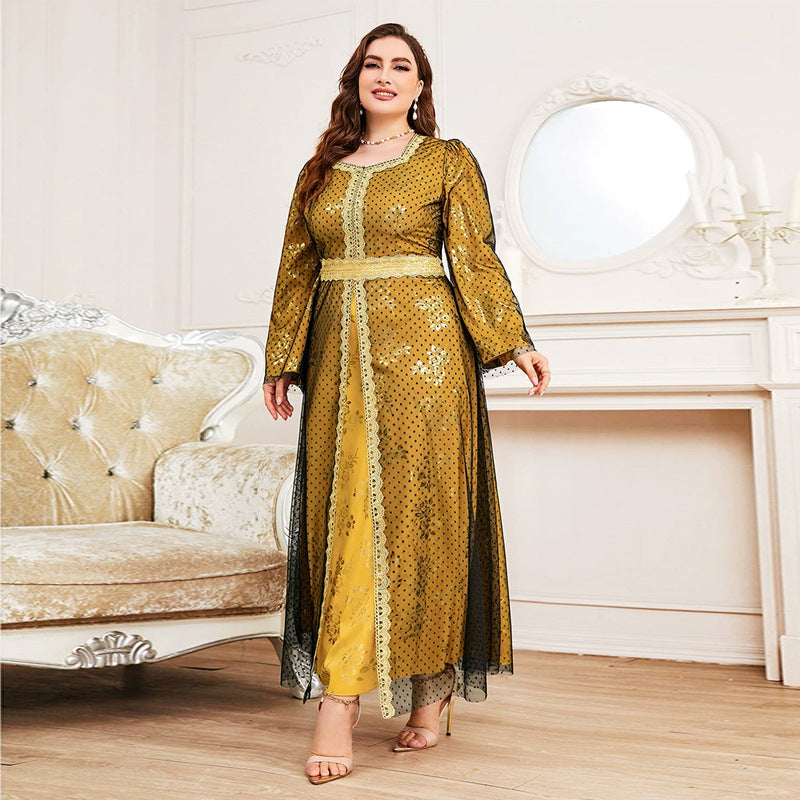Plus Size High Waist Loose Long Sleeve Mesh A line Dress - View 3