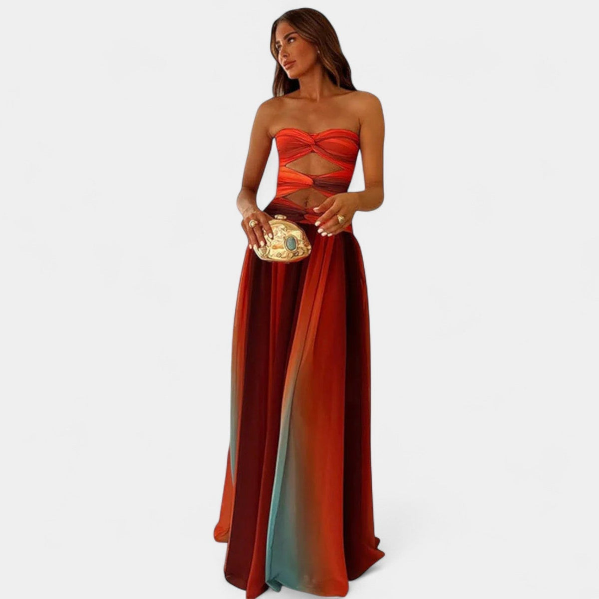 Strapless Cut Out Ombre High Split Maxi Gown