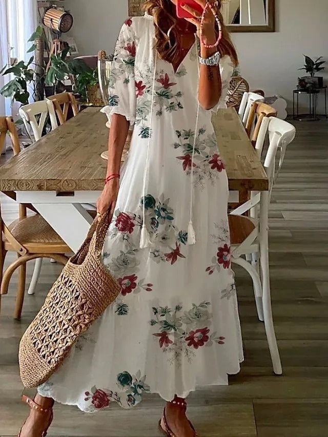 V-Neck Tassel Tie Short Sleeve Tiered Ruffle Hem Maxi Dress - View 7
