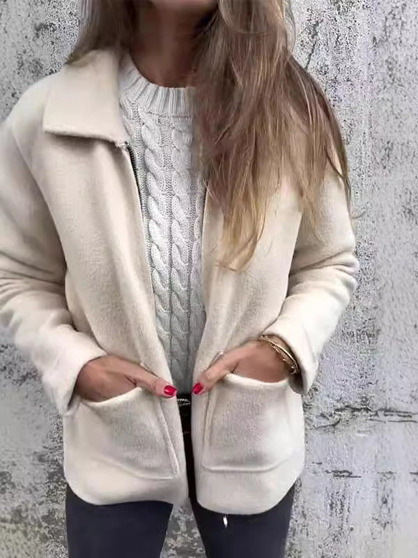 Lapel Collar Zip Front Pocket Fleece Jacket 2