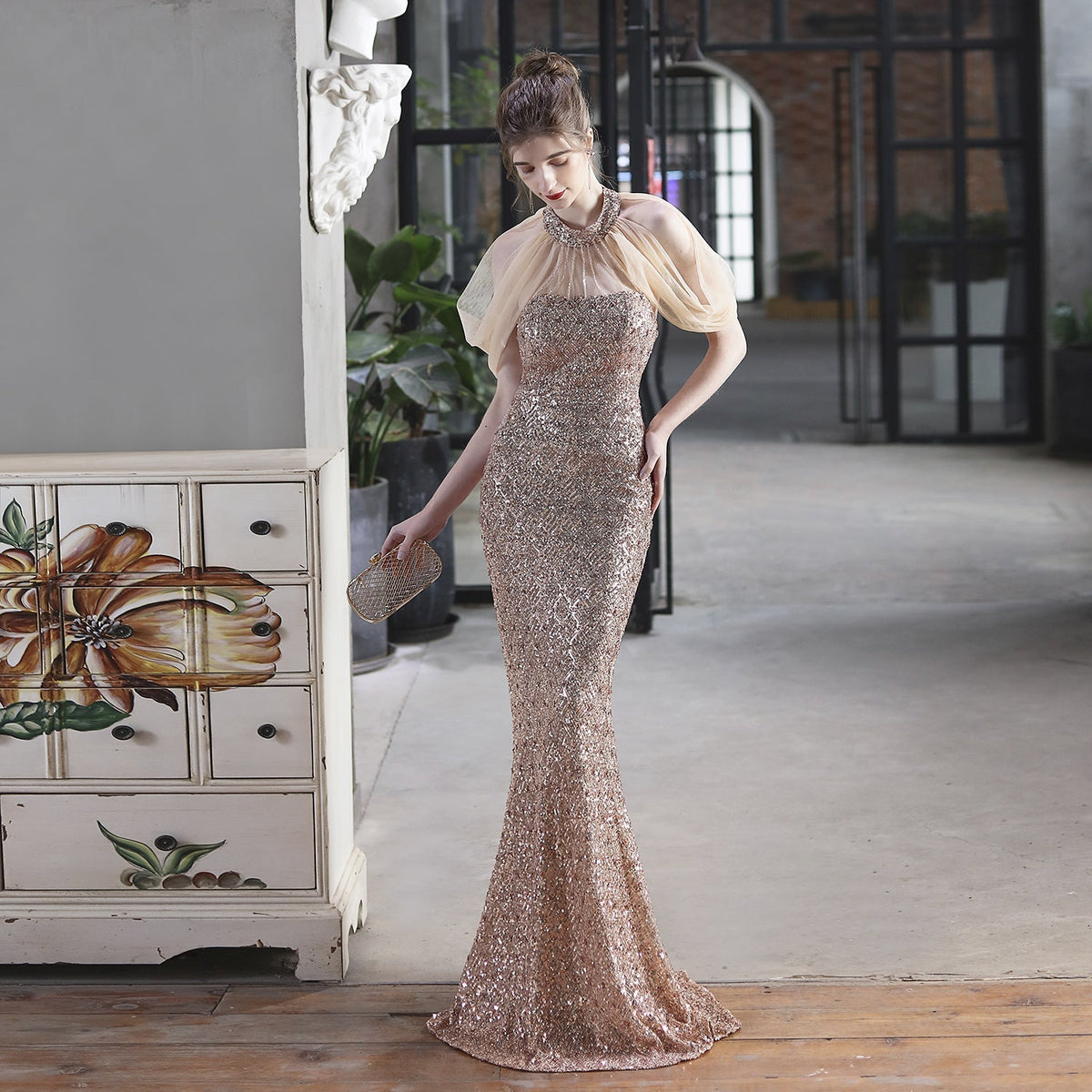 Sequin Halter Neck Sheer Cape Mermaid Gown - View 2