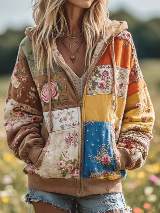 Floral Patchwork Hooded Zip Front Jacket 4