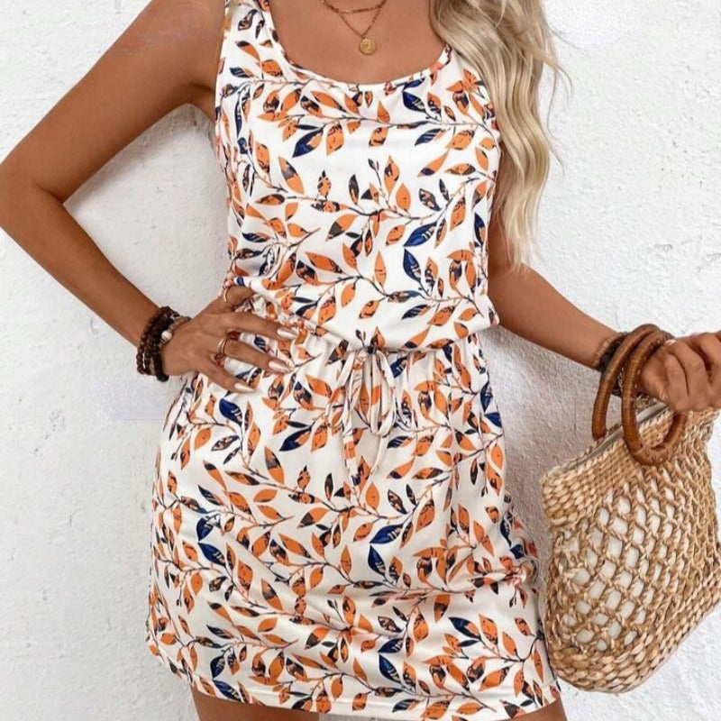 Floral Print Sleeveless Drawstring Waist Bodycon Mini Dress - View 5