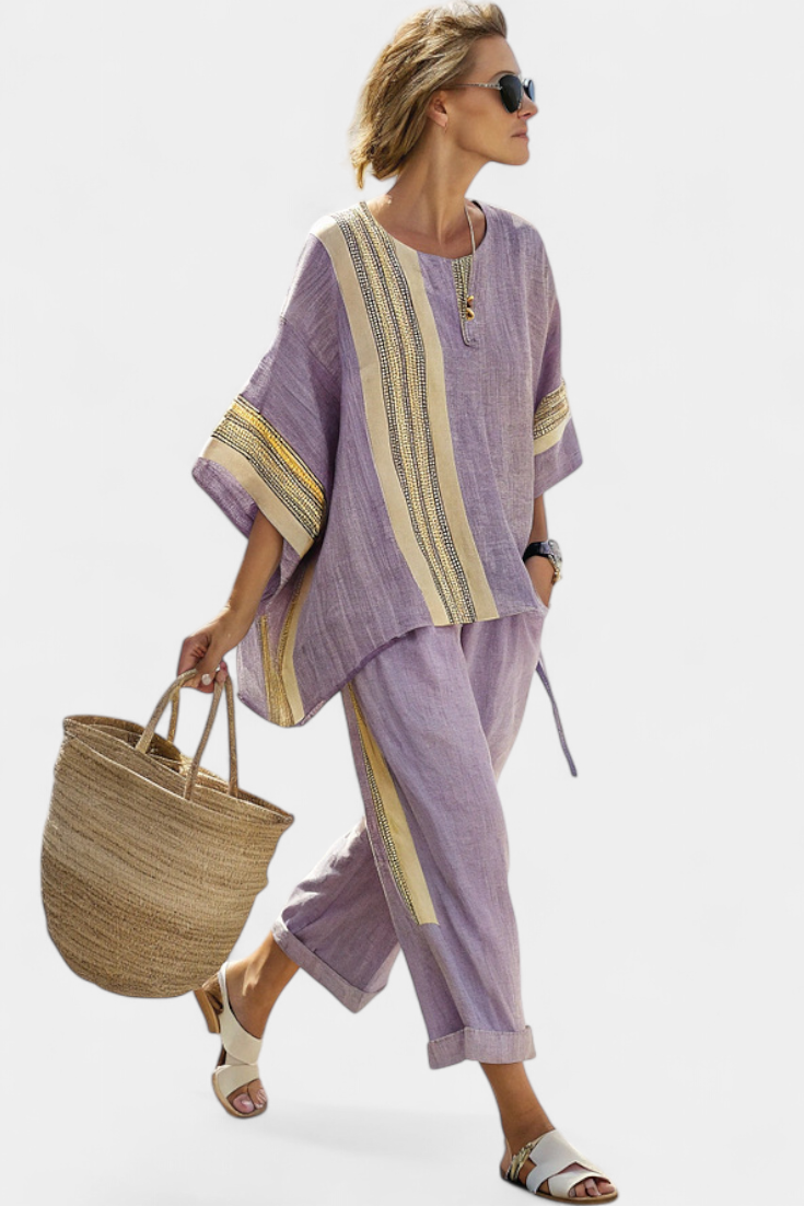 Contrast Stripe Trim Oversized Top and Wide Leg Pants Two Piece Set 4