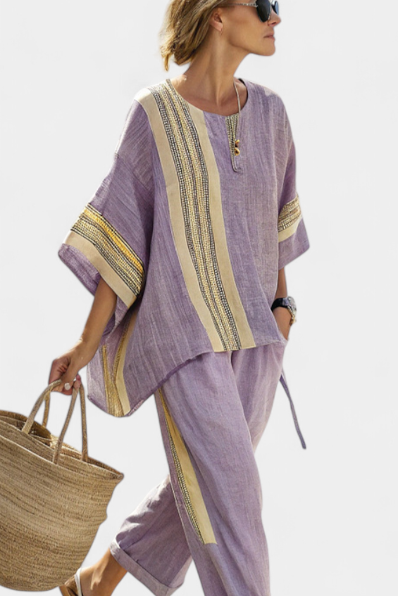 Half Sleeve Contrast Stripe Top and Pants Two Piece Set 3