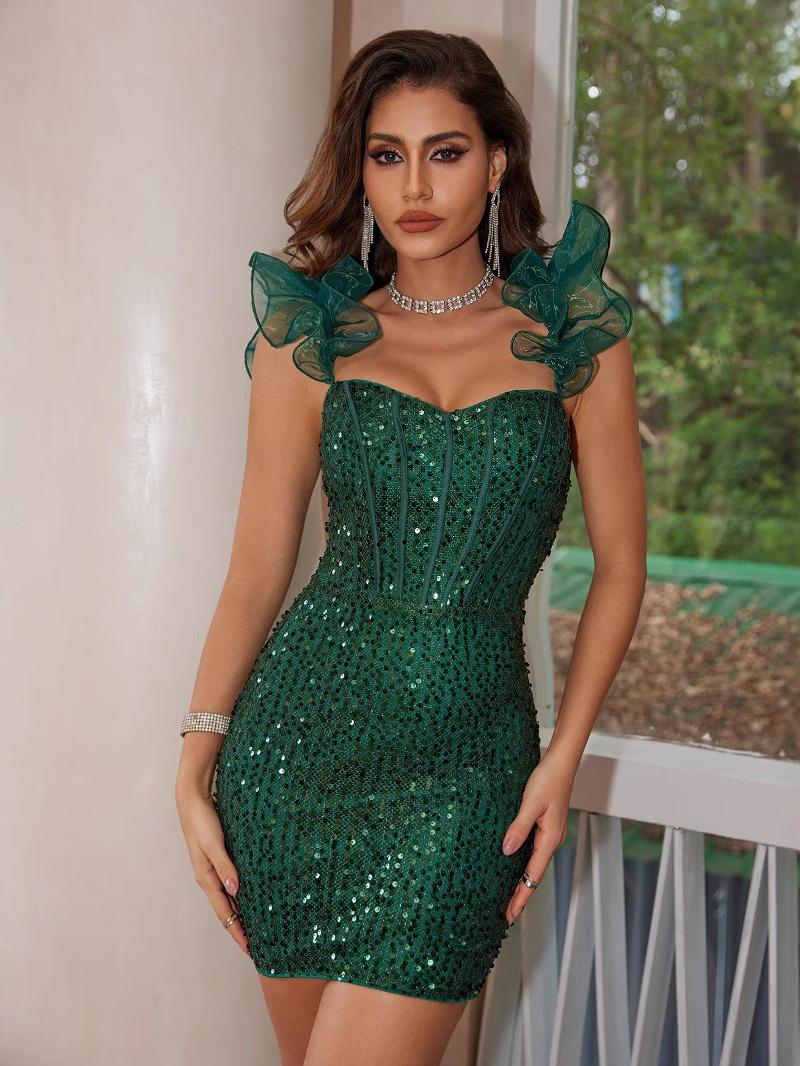 Sequin Off Shoulder Ruffle Sleeve Corset Bustier Bodycon Mini Dress - View 5