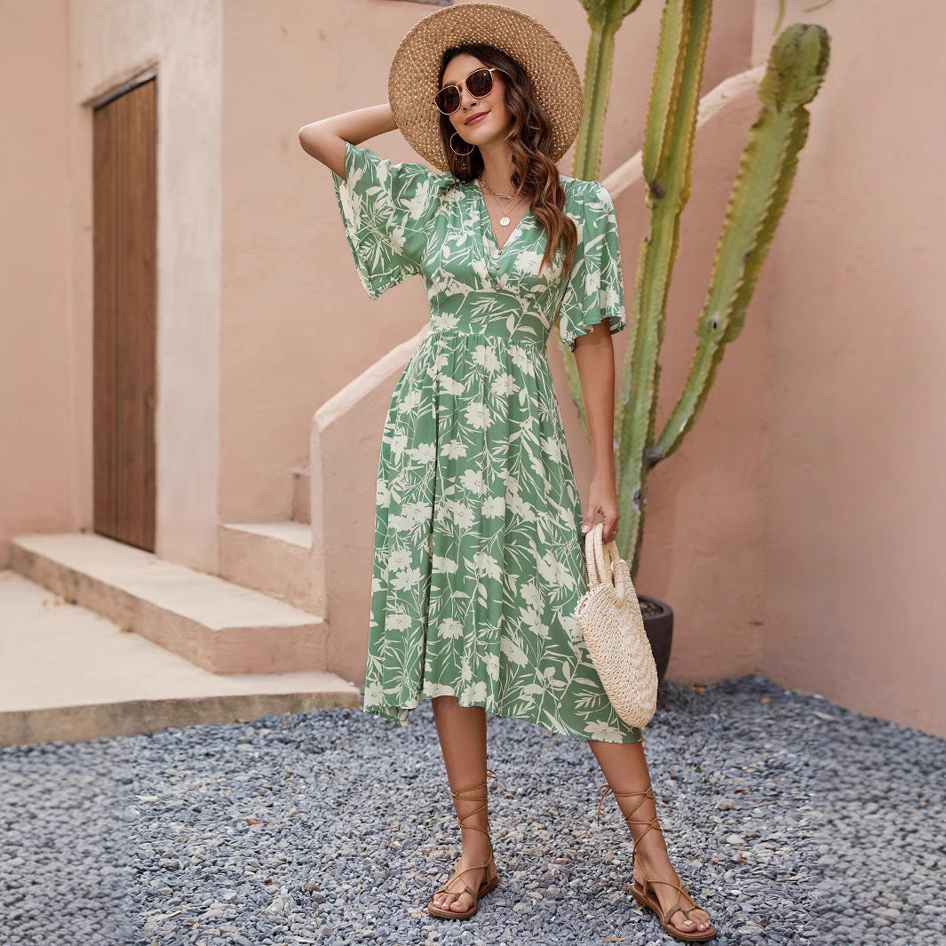 V-Neck Flutter Sleeve Floral Fit and Flare Midi Dress - View 4