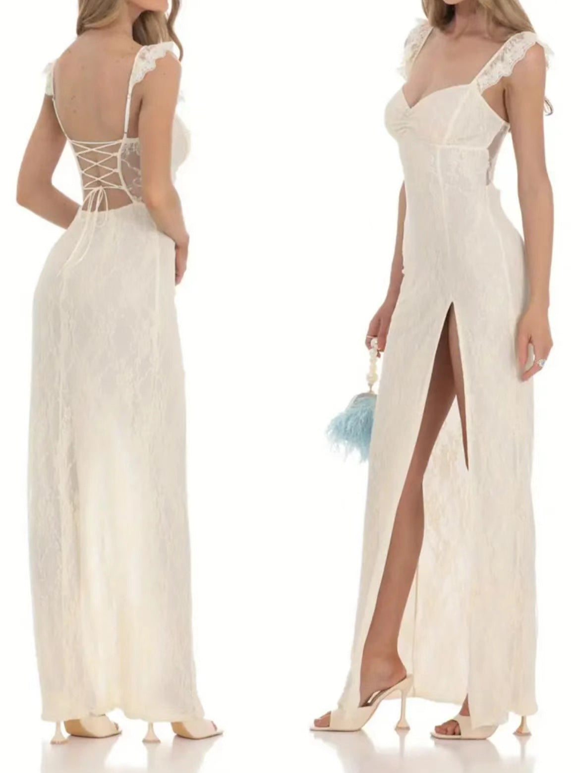 Lace Flutter Strap Sweetheart High Split Maxi Gown - View 2