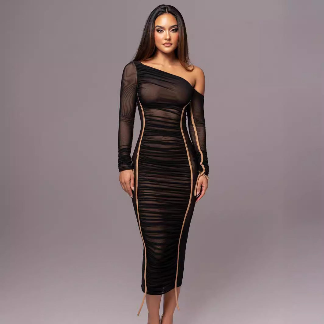 One Shoulder Long Sleeve Ruched Bodycon Maxi Dress 2