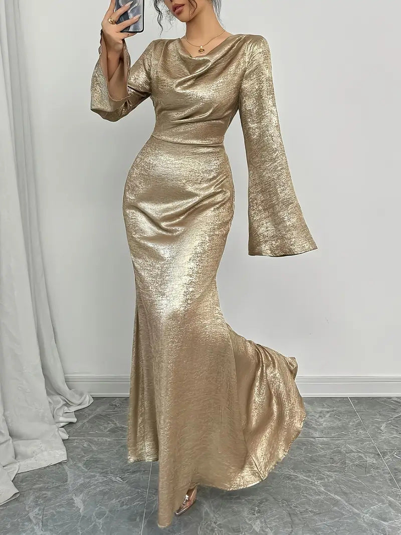 Metallic Cowl Neck Bell Sleeve Maxi Gown - View 6