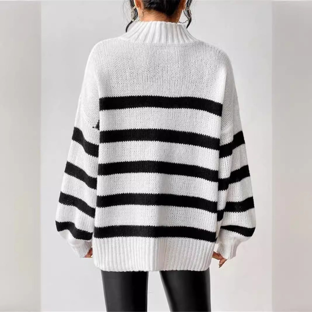 Striped Mock Neck Long Sleeve Oversized Sweater 6