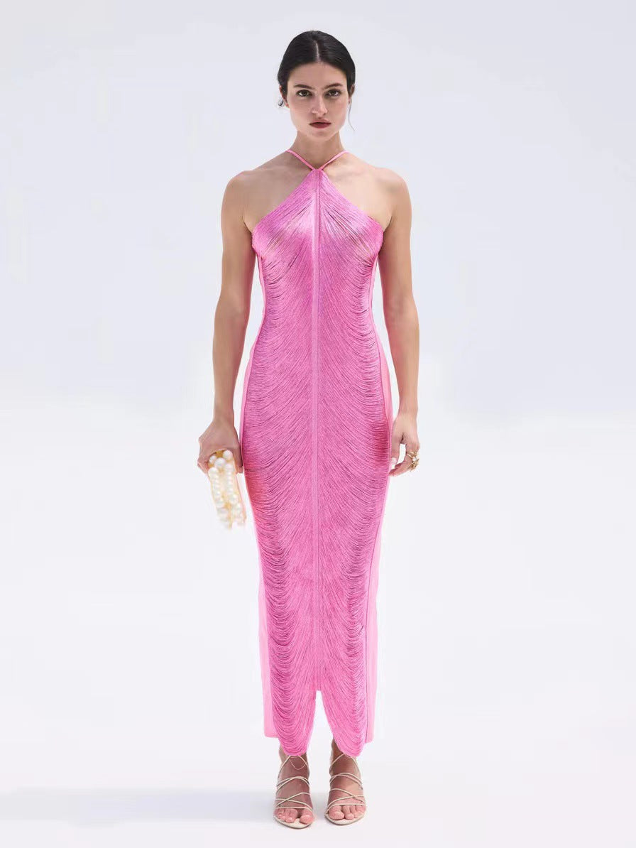 Fringe Halter Neck Back Slit Sleeveless Maxi Gown - View 2