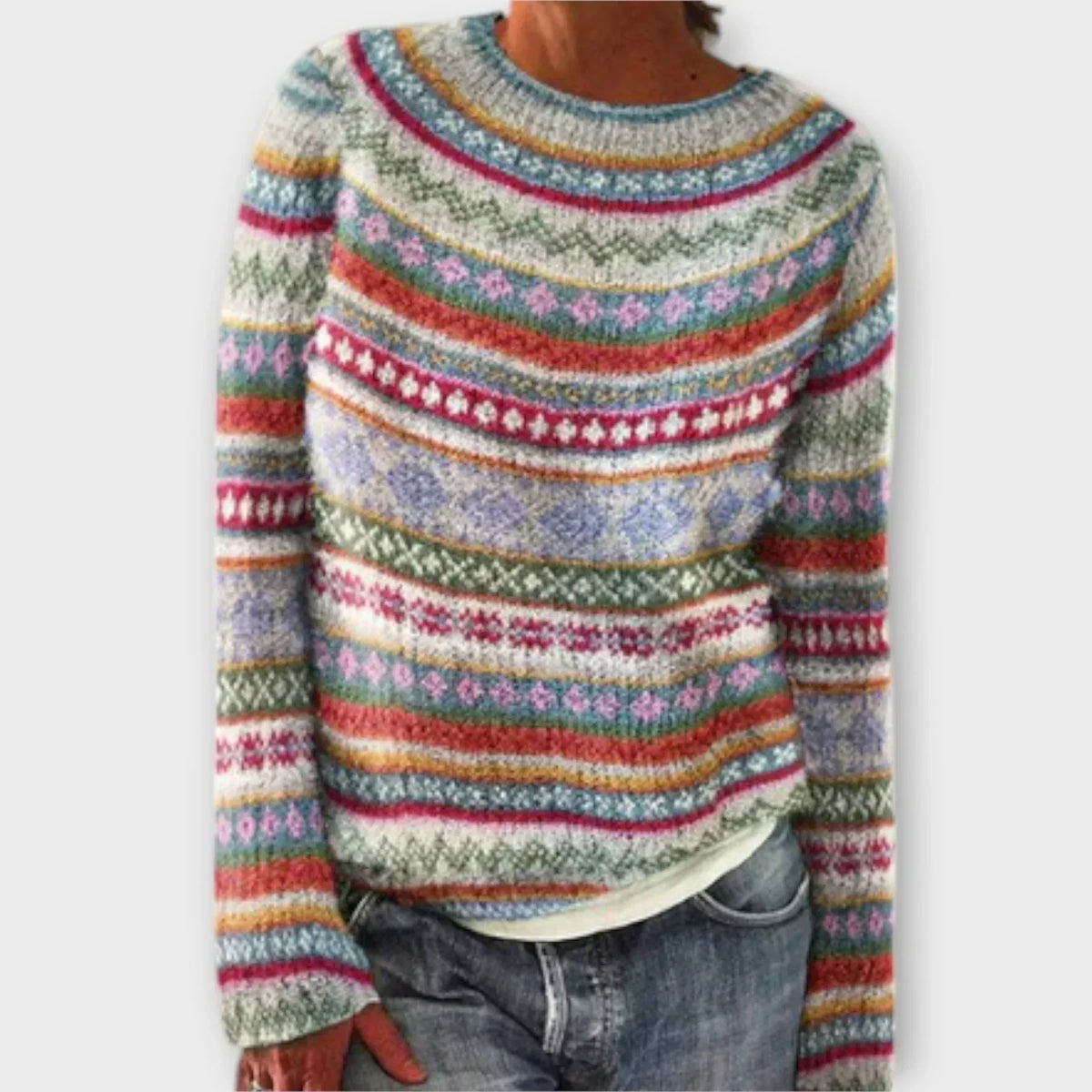 Fair Isle Boat Neck Long Sleeve Sweater 2