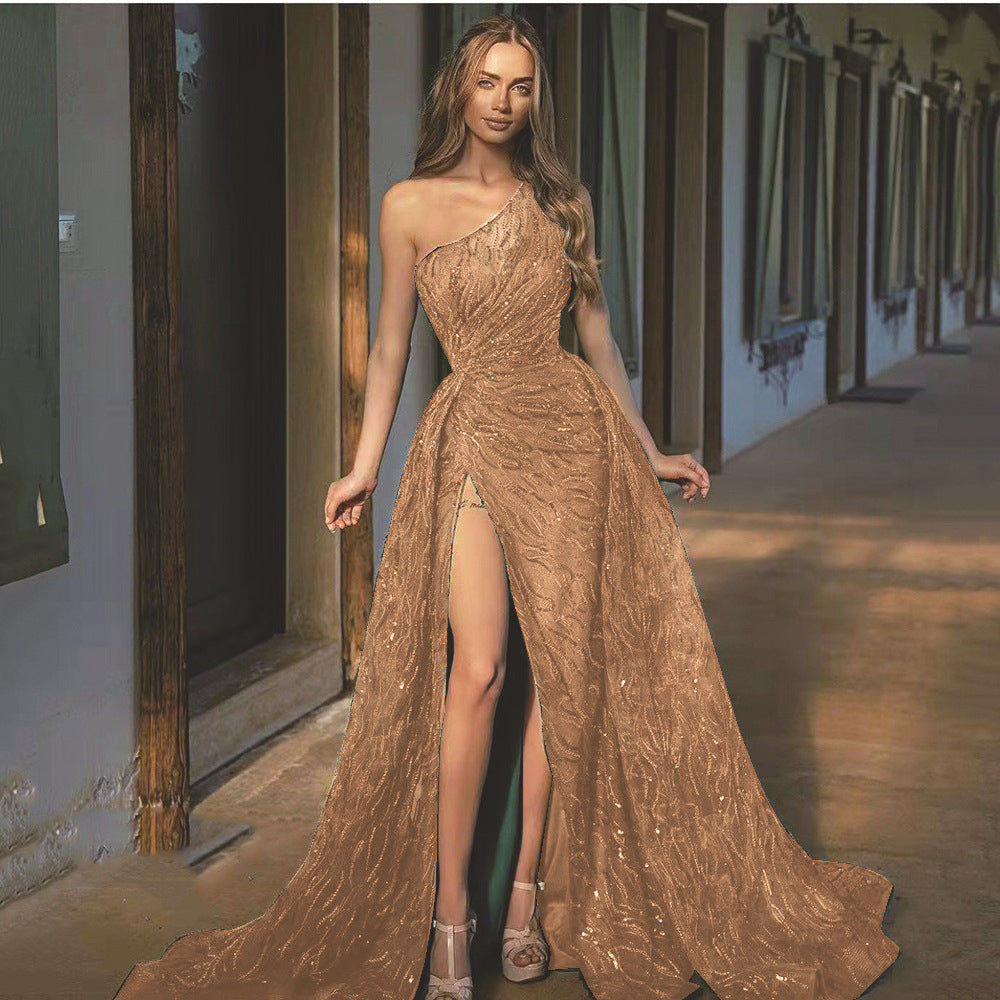 Sequin One Shoulder High Split Maxi Evening Gown - View 5