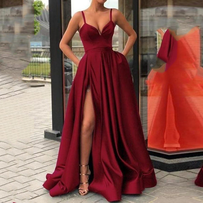 Satin Plunging V-Neck Spaghetti Strap Pleated Pocket Maxi Gown - View 7