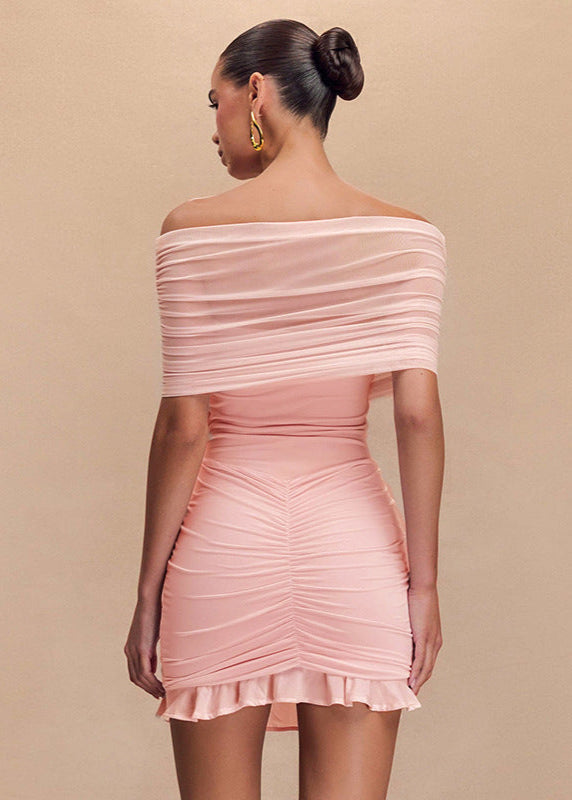 Off Shoulder Mesh Ruched Mini Dress - View 2