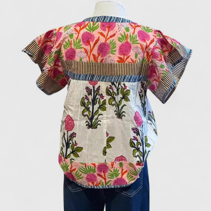 Floral Block Print Puff Sleeve Split Neck Top 2