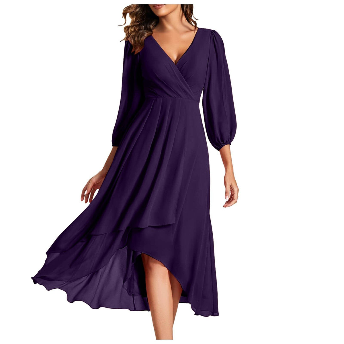 Chiffon V-Neck Long Sleeve Wrap High Low Midi Dress 4