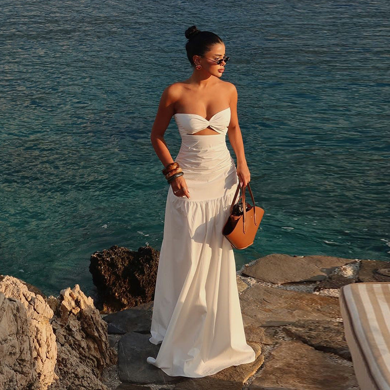 Strapless Twist Front Cut Out Tiered Maxi Dress
