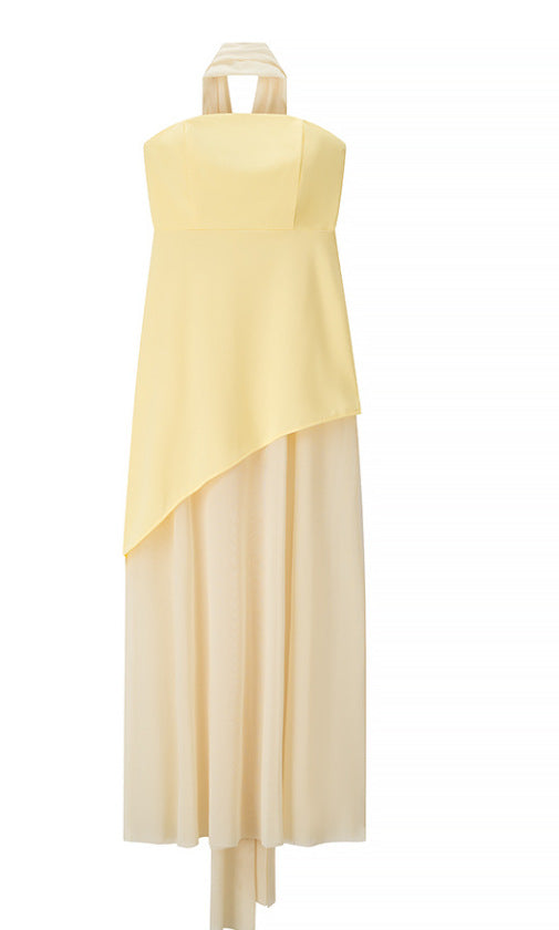 Strapless Tube Choker Neck Asymmetric Bodice Sheer Maxi Dress - View 7