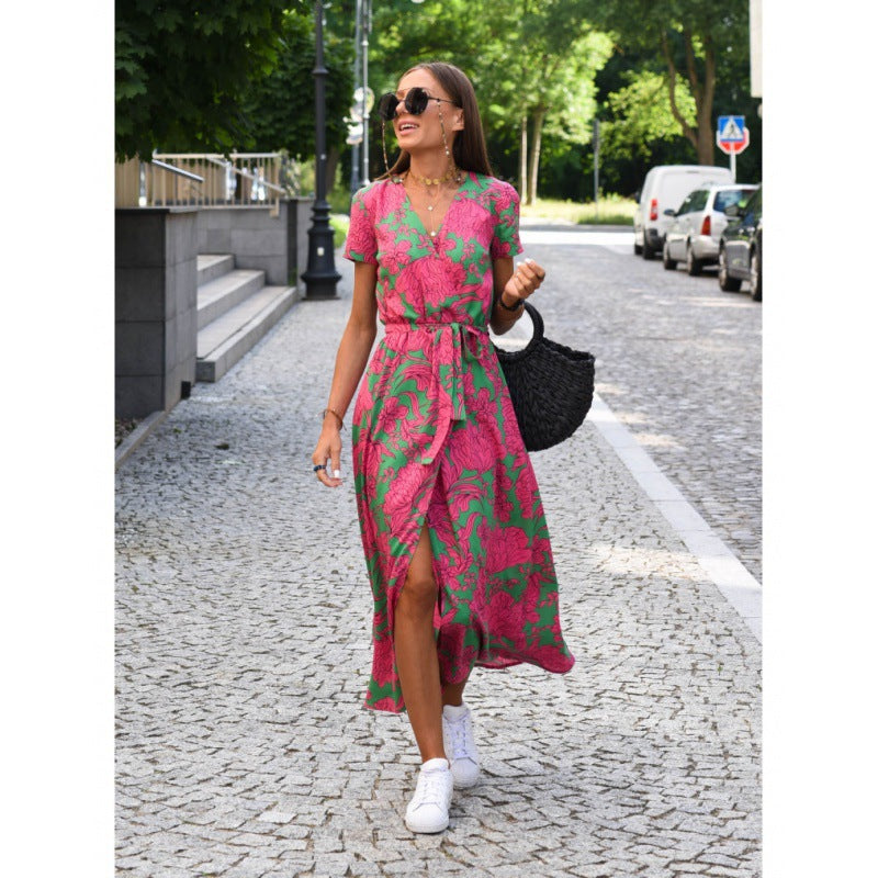 Floral Print Deep V-Neck Short Sleeve Wrap Belted Dress