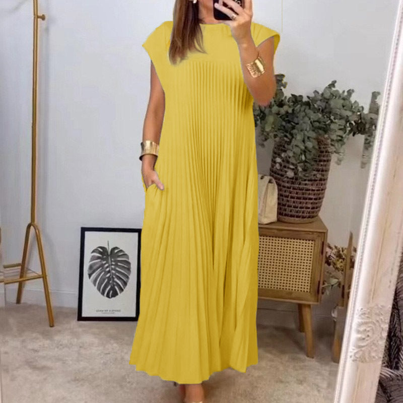 Sleeveless Crew Neck Accordion Pleat A-Line Maxi Dress - View 5