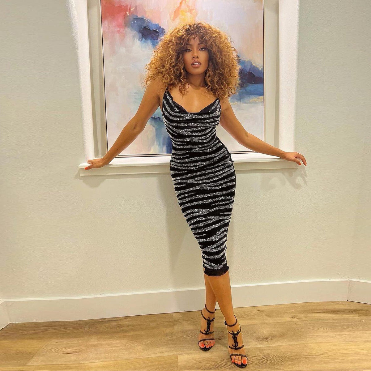 Sequin Velvet Cowl Neck Spaghetti Strap Striped Bodycon Midi Dress - View 4