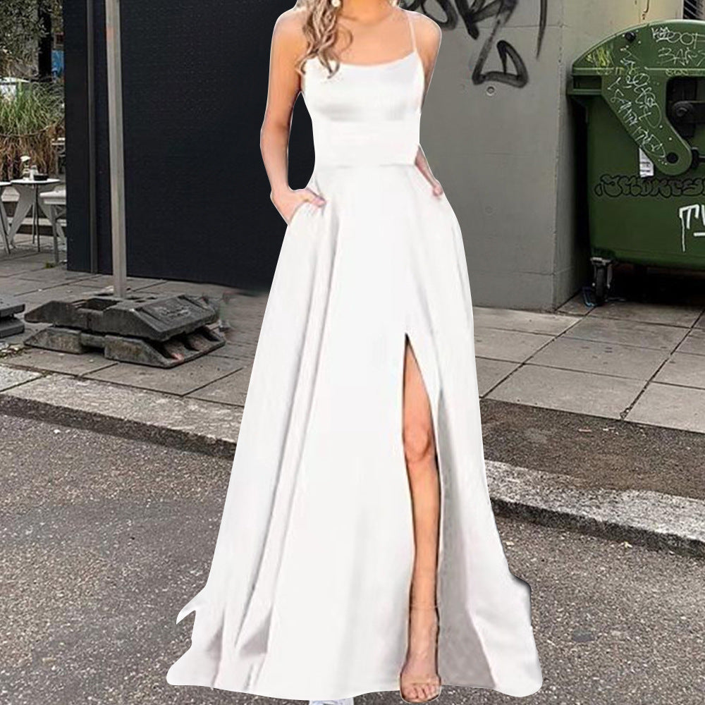 Satin Halter Neck Mermaid High Split Maxi Dress in Red - View 2