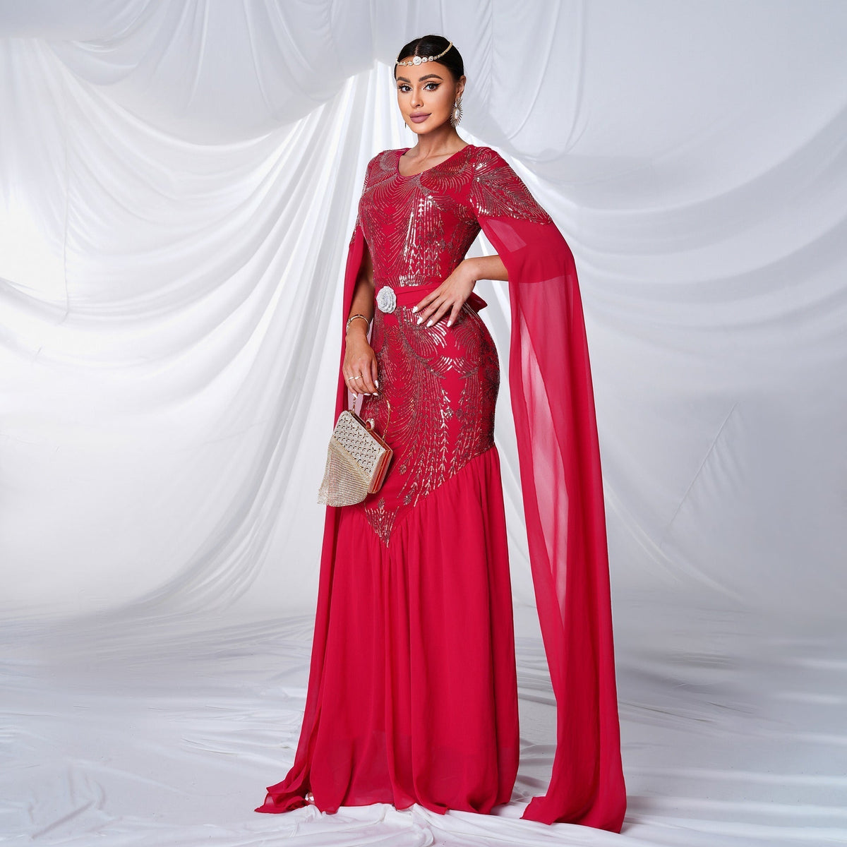 Sequin Round Neck Cape Sleeve Beaded Mermaid Evening Gown - View 4