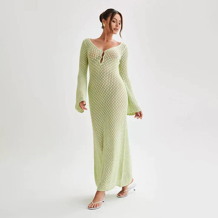 Open Knit Crochet Deep V-Neck Keyhole Bell Sleeve Bodycon Maxi Dress - View 6