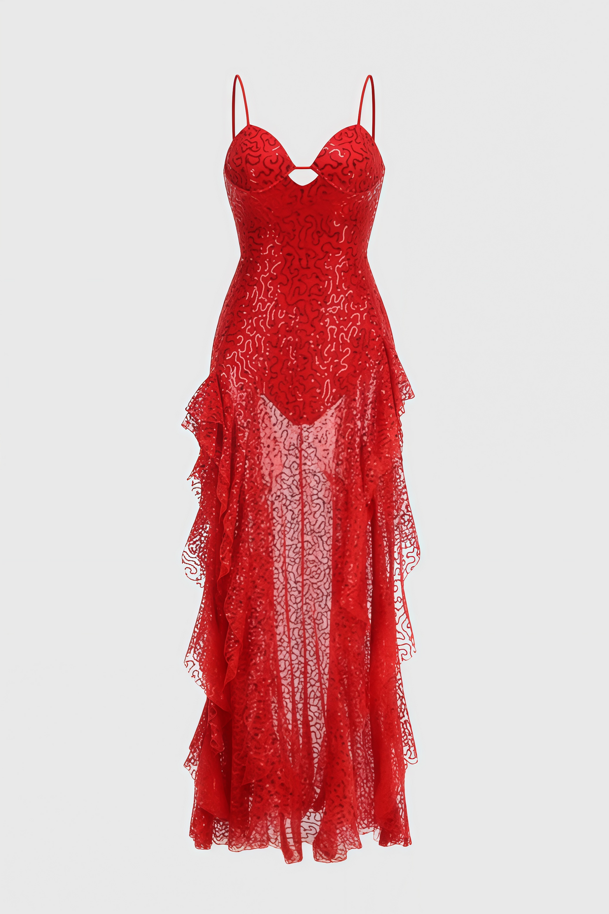 Sequin Spaghetti Strap Sweetheart Ruffle High Low Maxi Dress - View 4