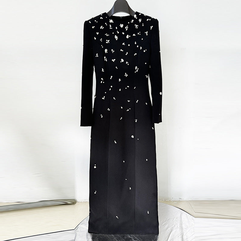 Round Neck Long Sleeve Beaded Column Maxi Evening Gown - View 2