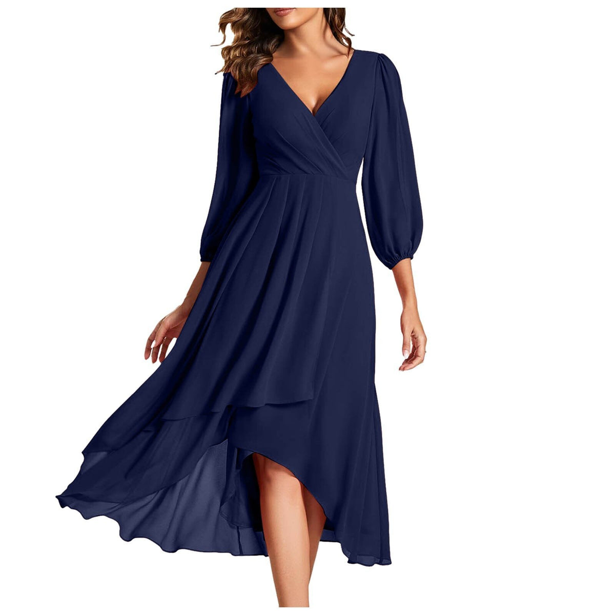 Chiffon V-Neck Long Sleeve Wrap High Low Midi Dress 5