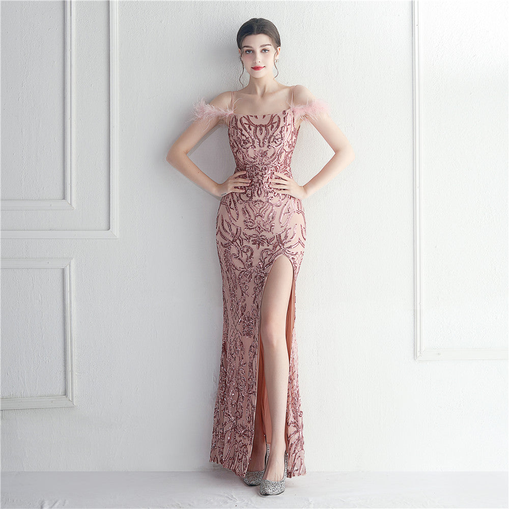 Sequin Feather Trim Spaghetti Strap High Split Mermaid Gown - View 7