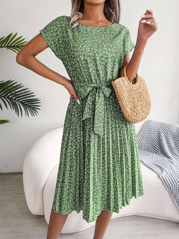 Floral Print Crew Neck Cap Sleeve Belted Pleated Midi Dress - View 6