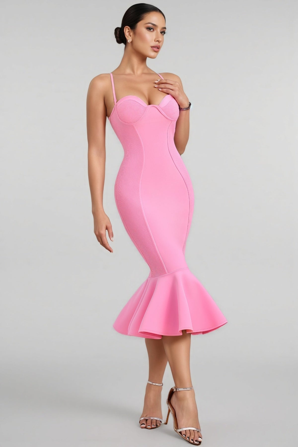 Spaghetti Strap Sweetheart Bandage Mermaid Fishtail Ruffle Midi Dress - View 2