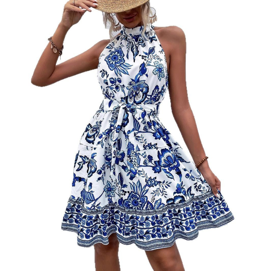 Floral Halter Neck Tiered Ruffle A-Line Summer Mini Dress - View 5