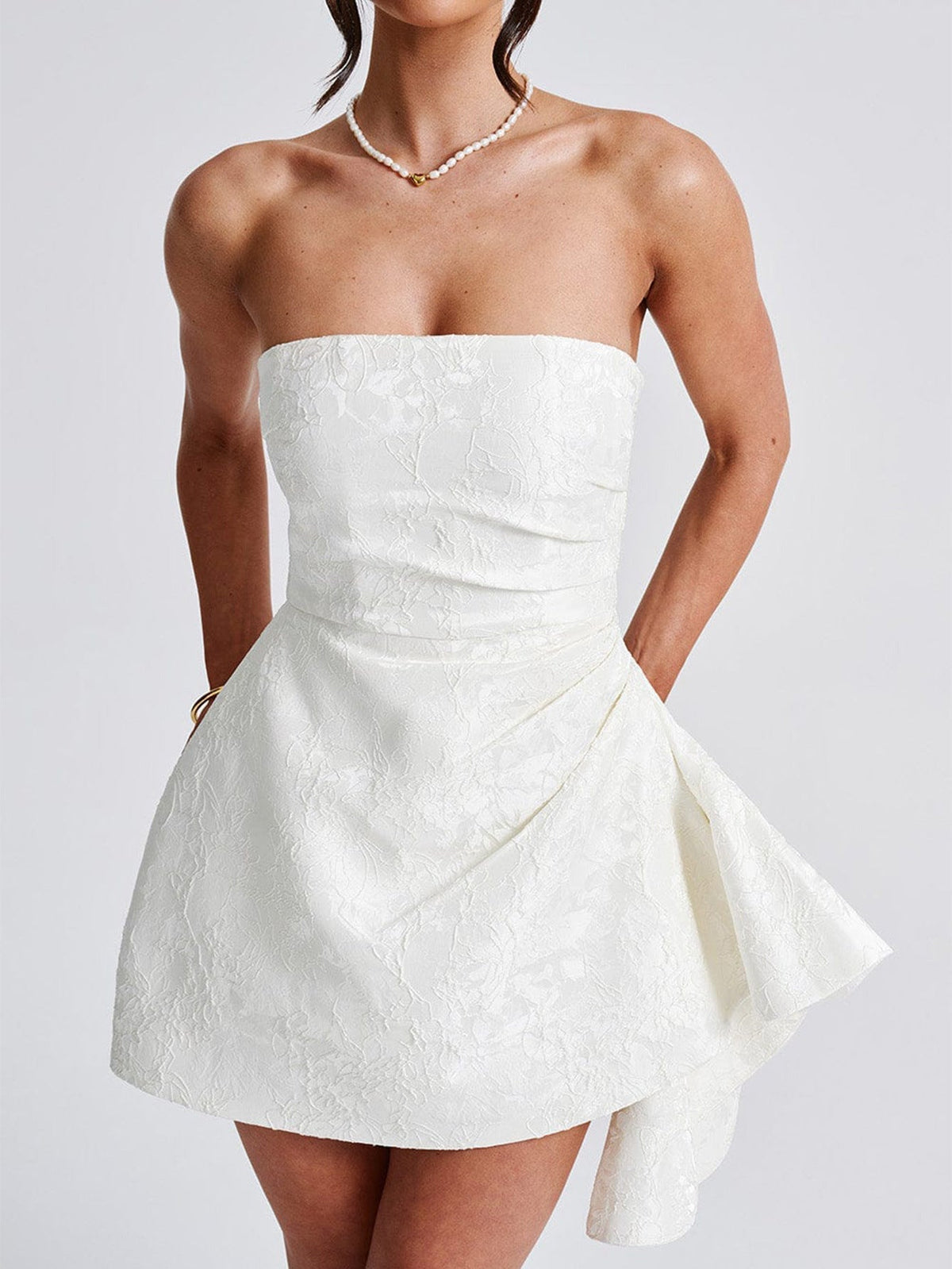 Floral Jacquard Strapless Asymmetric Hem Fit and Flare Mini Dress - View 2
