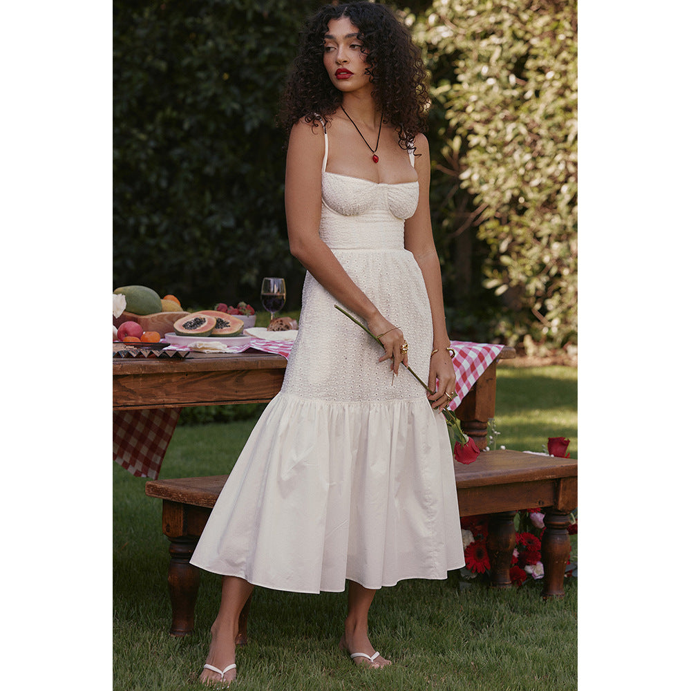 Eyelet Bustier Square Neck Wide Strap Tiered Ruffle Midi Dress - View 2
