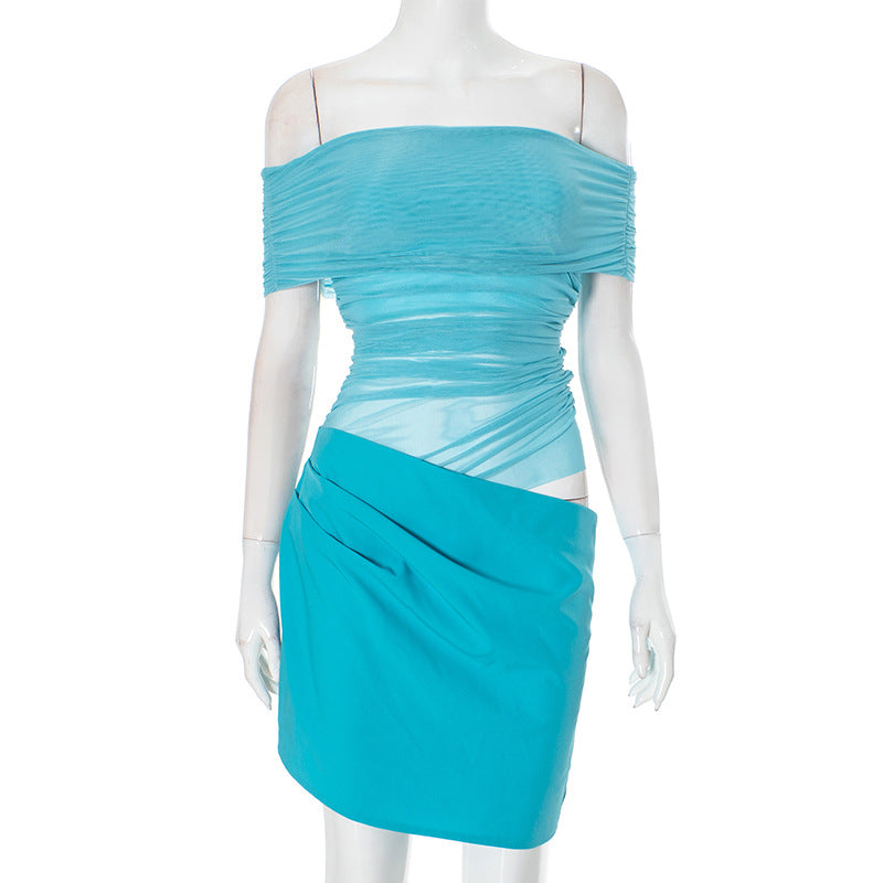 Off Shoulder Ruched Mesh Panel Draped Wrap Bodycon Mini Dress - View 4