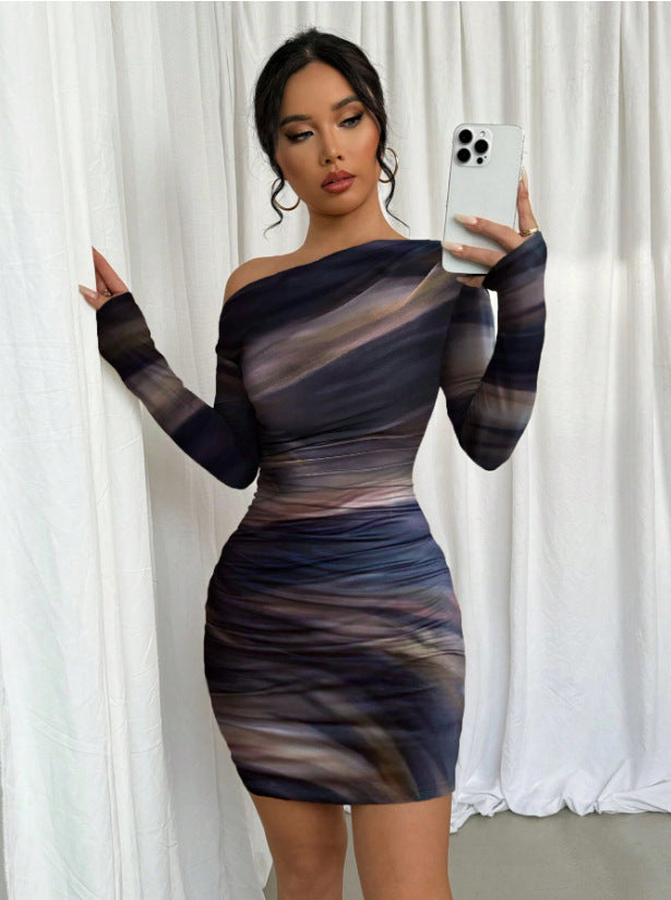 Stitch sheer mesh see through abstract off shoulder mini dress - View 4