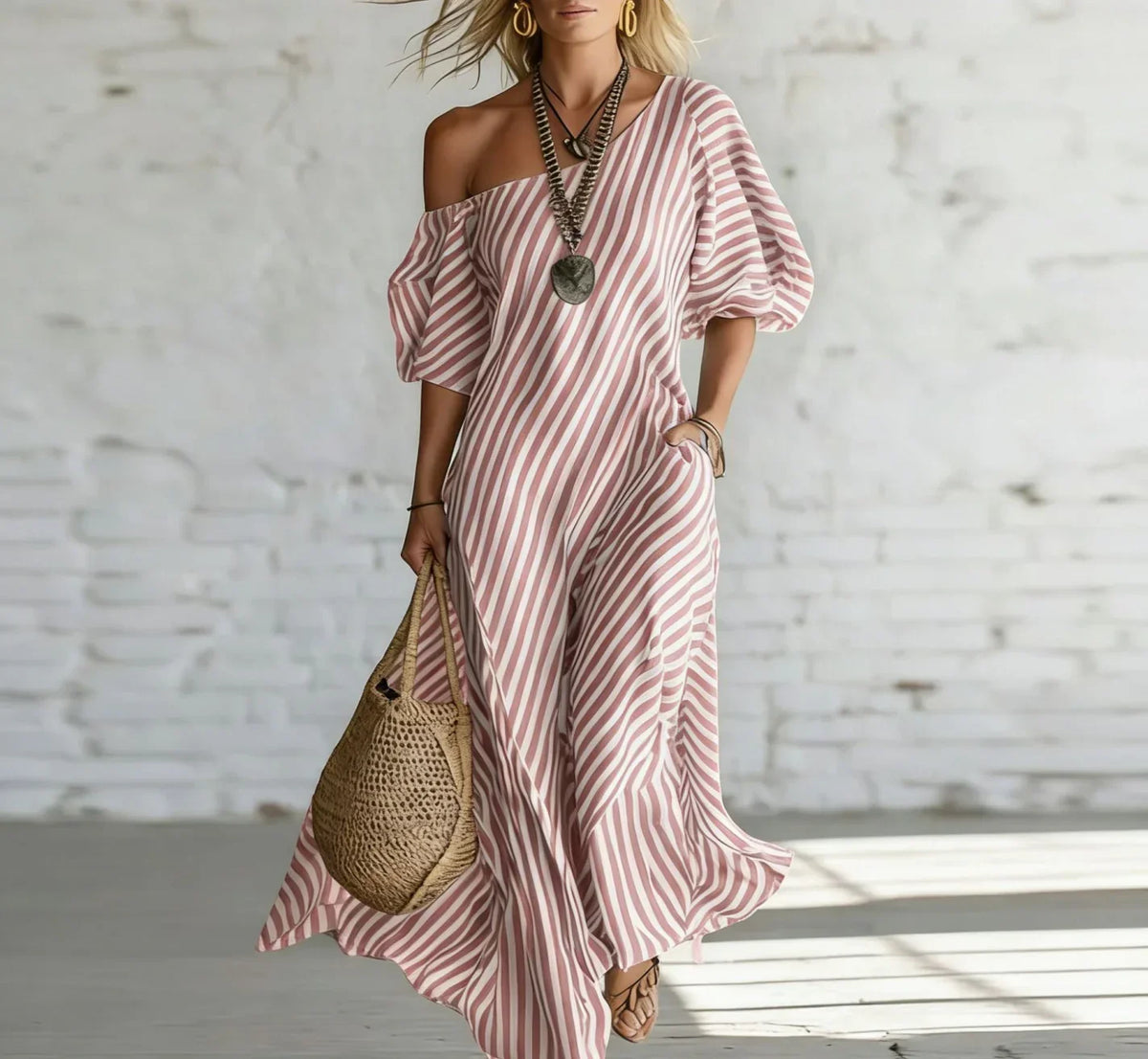 Striped One Shoulder Half Sleeve Maxi Dress