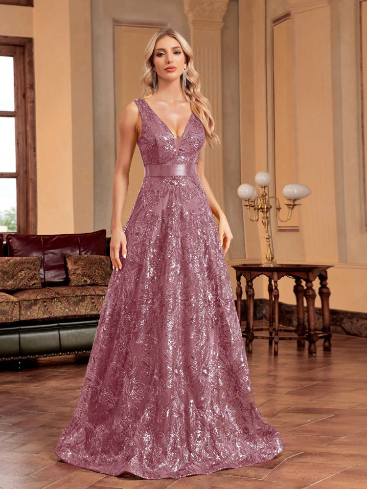 Sequin Deep V-Neck Sleeveless A-Line Maxi Prom Gown - View 7